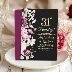 Invitación Elegante Floral Dorado Cumpleaños 31