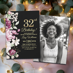 Invitación Elegante Floral Dorado Cumpleaños 32 Foto
