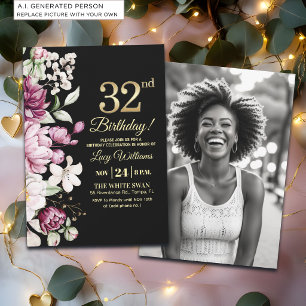 Invitación Elegante Floral Dorado Cumpleaños 32 Foto