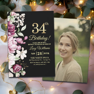 Invitación Elegante Floral Dorado Cumpleaños 34 Foto