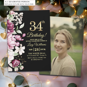 Invitación Elegante Floral Dorado Cumpleaños 34 Foto
