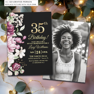Invitación Elegante Floral Dorado Cumpleaños 35 Foto