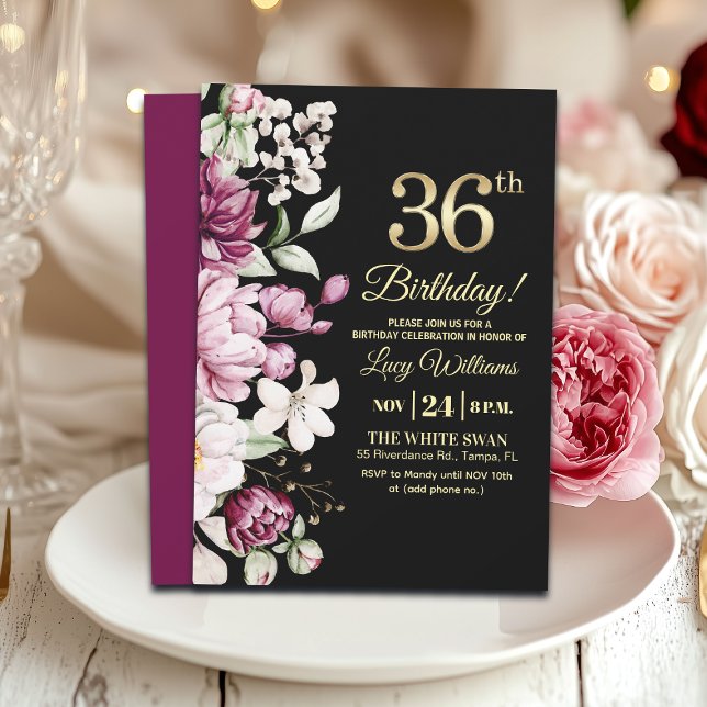Invitación Elegante Floral Dorado Cumpleaños 36 (Subido por el creador)