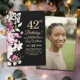 Invitación Elegante Floral Dorado Cumpleaños 42 Foto