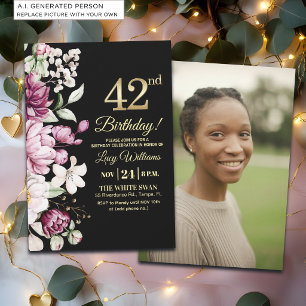 Invitación Elegante Floral Dorado Cumpleaños 42 Foto
