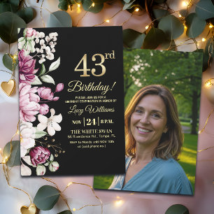 Invitación Elegante Floral Dorado Cumpleaños 43 Foto