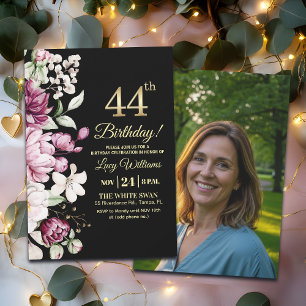 Invitación Elegante Floral Dorado Cumpleaños 44 Foto