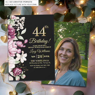 Invitación Elegante Floral Dorado Cumpleaños 44 Foto