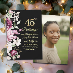 Invitación Elegante Floral Dorado Cumpleaños 45 Foto