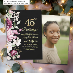Invitación Elegante Floral Dorado Cumpleaños 45 Foto