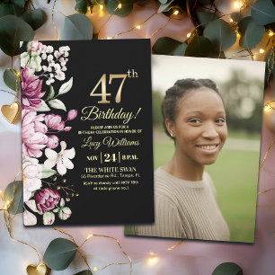 Invitación Elegante Floral Dorado Cumpleaños 47 Foto