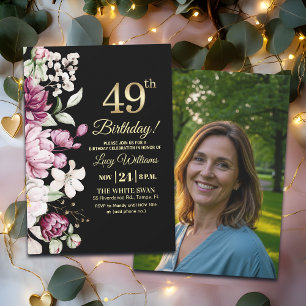 Invitación Elegante Floral Dorado Cumpleaños 49 Foto