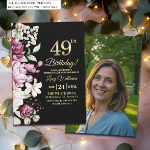 Invitación Elegante Floral Dorado Cumpleaños 49 Foto