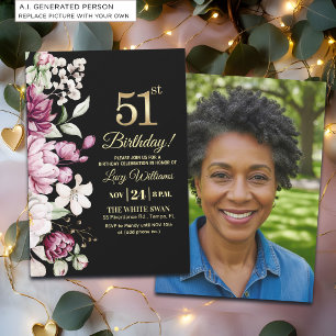Invitación Elegante Floral Dorado Cumpleaños 51 Foto