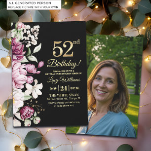 Invitación Elegante Floral Dorado Cumpleaños 52 Foto