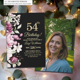 Invitación Elegante Floral Dorado Cumpleaños 54 Foto