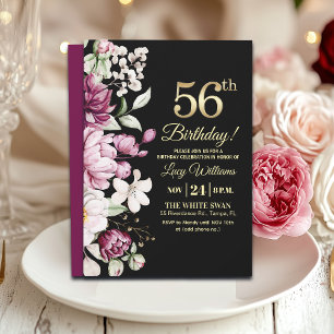 Invitación Elegante Floral Dorado Cumpleaños 56