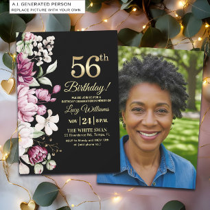 Invitación Elegante Floral Dorado Cumpleaños 56 Foto