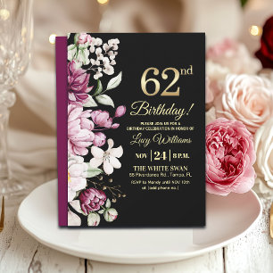 Invitación Elegante Floral Dorado Cumpleaños 62