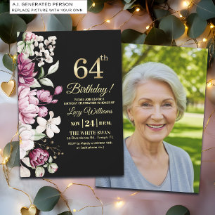 Invitación Elegante Floral Dorado Cumpleaños 64 Foto