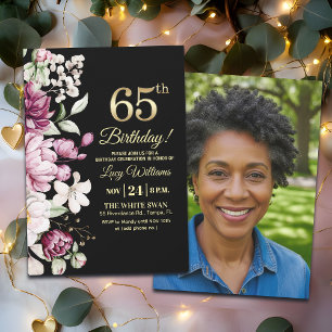 Invitación Elegante Floral Dorado Cumpleaños 65 Foto