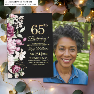 Invitación Elegante Floral Dorado Cumpleaños 65 Foto
