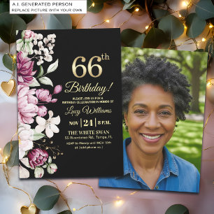 Invitación Elegante Floral Dorado Cumpleaños 66 Foto