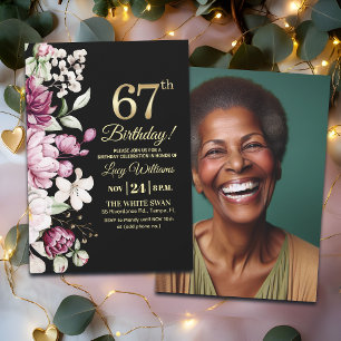 Invitación Elegante Floral Dorado Cumpleaños 67 Foto