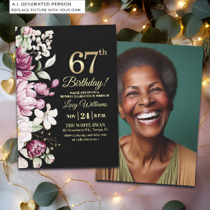 Invitación Elegante Floral Dorado Cumpleaños 67 Foto