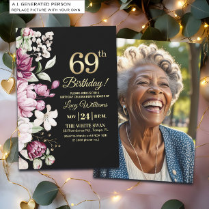 Invitación Elegante Floral Dorado Cumpleaños 69 Foto
