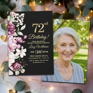 Invitación Elegante Floral Dorado Cumpleaños 72 Foto