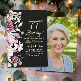 Invitación Elegante Floral Dorado Cumpleaños 77 Foto