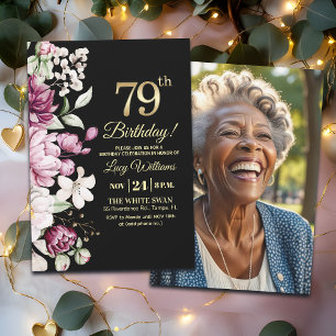 Invitación Elegante Floral Dorado Cumpleaños 79 Foto