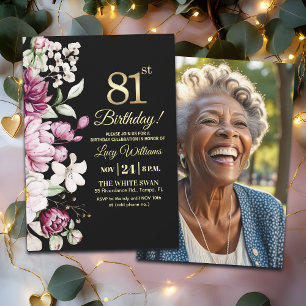 Invitación Elegante Floral Dorado Cumpleaños 81 Foto