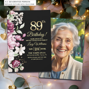 Invitación Elegante Floral Dorado Cumpleaños 89 Foto