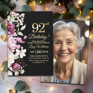 Invitación Elegante Floral Dorado Cumpleaños 92 Foto