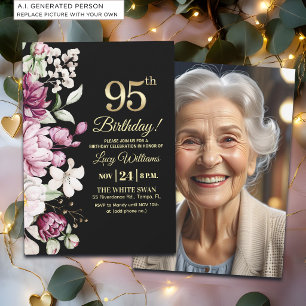 Invitación Elegante Floral Dorado Cumpleaños 95 Foto