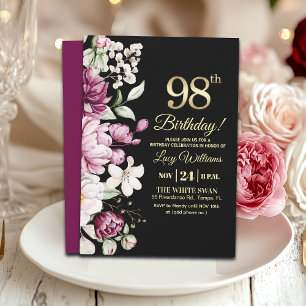 Invitación Elegante Floral Dorado Cumpleaños 98