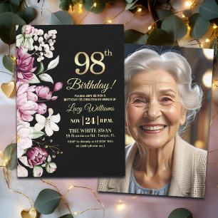 Invitación Elegante Floral Dorado Cumpleaños 98 Foto