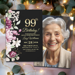 Invitación Elegante Floral Dorado Cumpleaños 99 Foto