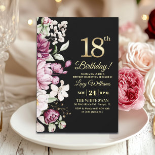 Invitación Elegante Floral Dorado Fiesta de Cumpleaños 18
