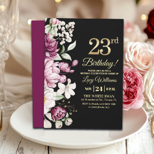 Invitación Elegante Floral Dorado Fiesta de Cumpleaños 23