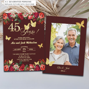 Invitación Elegante Floral Dorado Foto Aniversario de Boda 45