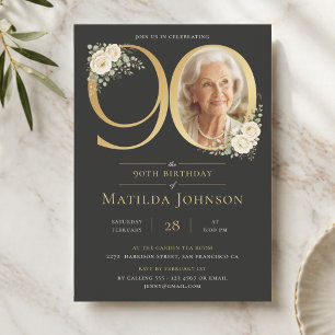 Invitación Elegante Floral Dorado Foto de 90 Cumpleaños