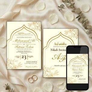 Invitación Elegante Floral Dorado Masjid Boda Musulmana Nikah