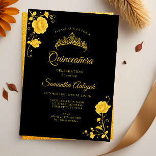 Invitación Elegante Floral Dorado Quinceañera Negro y Dorado