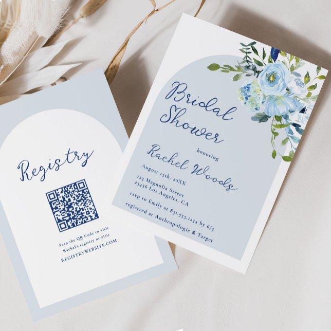 Invitación Elegante Floral Dusty Azul Código Qr Ducha de novi (Subido por el creador)