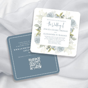 Invitación Elegante Floral Dusty Azul Rosa Clásico Código QR