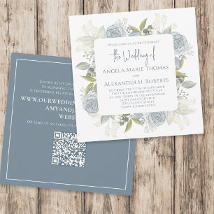 Invitación Elegante Floral Dusty Azul Rosa Clásico Código QR