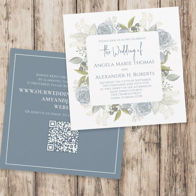 Invitación Elegante Floral Dusty Azul Rosa Clásico Código QR (Subido por el creador)